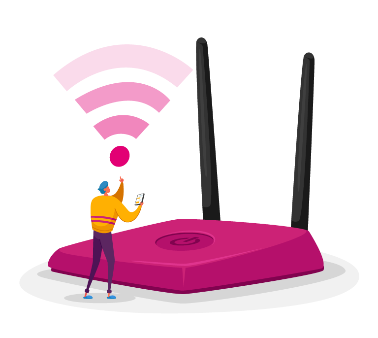 Animated person happily using high-speed internet with strong signal from a pink modem, representing affordable NBN network plans on Best Aussie Internet.